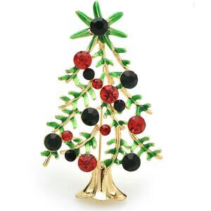 Christmas Tree Brooch Red & Green Faux Jewels and Enamel Sparkles